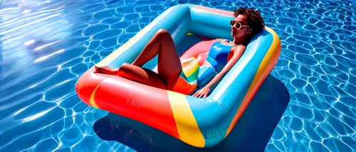 Inflatable pool floaty, colorful stripes, shiny surface, soft texture, lounging on water, relaxed pose, summer vibes, bright sunlight, 3/4 composition, shallow depth of field, warm color tone, cinemat