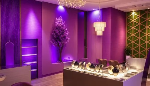 commercial space, jewelary store , purple colour indirect llight, modern style, tree wall art,interior decoration,beauty room,wallcoverings,yotel,hairdressing salon,mahdavi,interior modern design,jewe