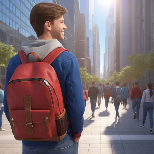 Back side angle of student wearing backpack turning to camera with smile 3D digital drawing,man in a red backpack walking on city street,tourister,backpack,backpacks,a pedestrian,bookbags,bookbag,Phot