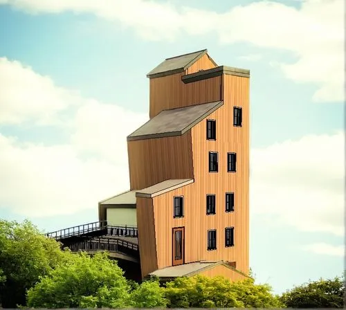 trees and sky,this building is made of wood and has a balcony over the top,grain elevator,silo,hejduk,grain plant,observation tower,copperopolis