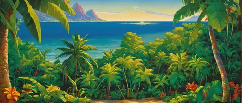 an island far away landscape,tropical sea,beach landscape,coastal landscape,tropical beach,tropical island,south pacific,tropics,tropical bloom,tahiti,tropical jungle,polynesia,luau,palmtrees,palm pasture,travel poster,south seas,jamaica,caribbean beach,moorea,Art,Classical Oil Painting,Classical Oil Painting 11