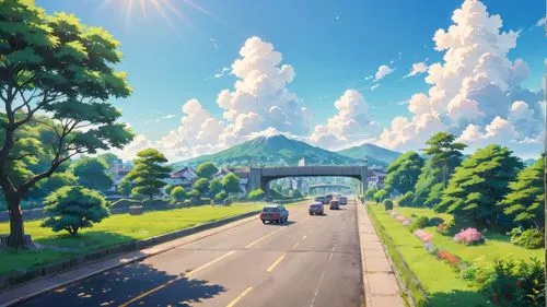 the car is driving down the road towards the mountains,cartoon video game background,mountain road,ghibli,cloudstreet,landscape background,mountain highway,Anime,Anime,Traditional