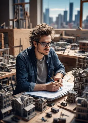 Modern architecture, industrial toolbox, metallic structure, steel beams, wooden crates, scattered blueprints, drafting table, ergonomic stool, designer wearing black glasses, messy hair, casual wear,