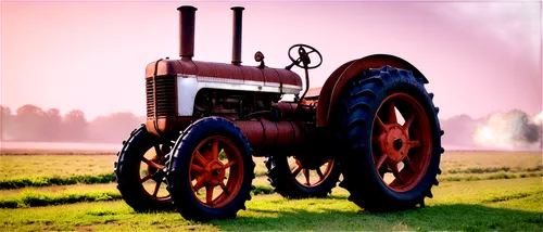 Old tractor, rusty body, worn-out tires, vintage metal wheels, faded paint job, agricultural machine, rural landscape, morning mist, soft sunlight, 3/4 composition, shallow depth of field, warm color 