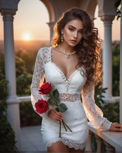 Perfect woman, solo, (25yo), beautiful detailed eyes, light blush, long curly brown hair, mole under eye, elegant makeup, slender figure, hourglass waist, toned legs, white lace dress, high heels, pea