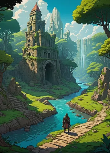 cartoon video game background,fantasy landscape,ancient city,game illustration,meteora,citadel,bird kingdom,knight's castle,background with stones,wander,monastery,wishing well,studio ghibli,concept art,druid grove,castle ruins,peninsula,backgrounds,bastion,oasis,Illustration,American Style,American Style 15