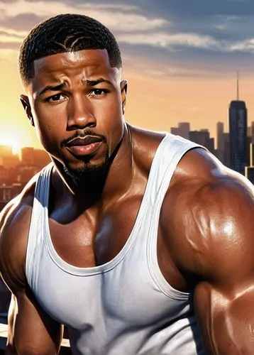 Michael B Jordan, strong jawline, muscular man, 30s, short black hair, trimmed beard, intense gaze, serious expression, white tank top, athletic physique, sweaty skin, outdoor training, city rooftop, 