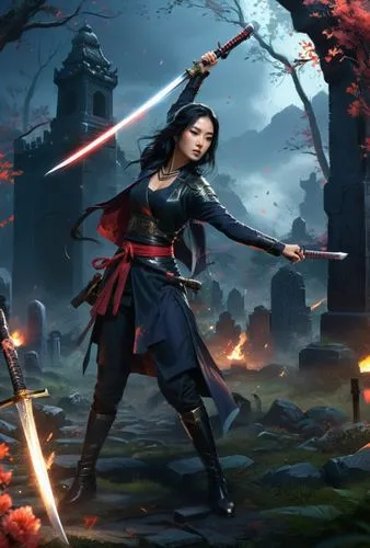 Dynamic action scene in a modern graveyard. A beautiful tall young asian woman with straight black hair and fancy court robes holds a katana and is blocking an attack from an ancient male lich with a 