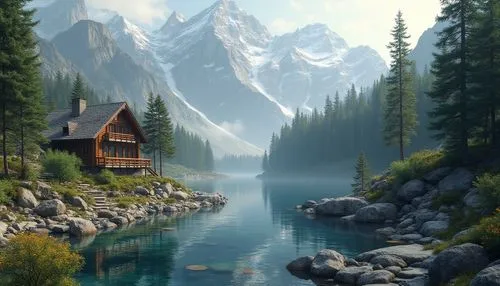 house with lake,house in mountains,the cabin in the mountains,house in the mountains,home landscape,mountain lake,summer cottage,log cabin,log home,house in the forest,house by the water,cottage,small cabin,mountain settlement,mountain hut,fantasy landscape,forest lake,mountain huts,landscape background,mountainlake,Photography,General,Realistic