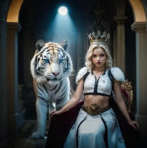 white tiger,royal tiger,she feeds the lion,queen,royalty,lion white,celtic queen,queen s,regal,kingdom,lionesses,fantasy woman,fantasy picture,white bengal tiger,queen cage,goddess of justice,queen of hearts,woman power,to roar,monarchy