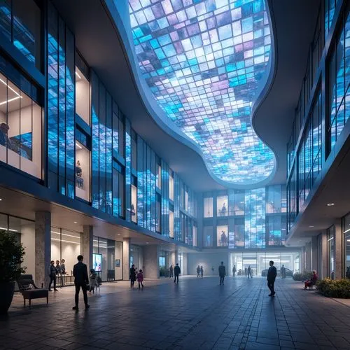 futuristic art museum,glass building,glass facade,sky space concept,cybercity,glass facades,futuristic architecture,3d rendering,masdar,mvrdv,cyberport,danube centre,render,colored lights,atriums,glass blocks,shopping mall,skyways,citycenter,the dubai mall entrance