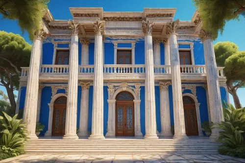 Euc architectural style, ancient Greece-inspired, grandeur, ornate details, marble-like texture, tall columns, intricately carved capitals, symmetrical facade, majestic entrance, imposing stone stairs