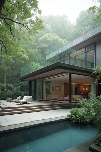 forest house,fallingwater,house in the forest,pool house,modern house,house in the mountains