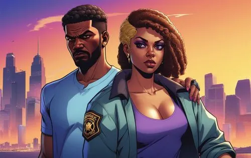 freaknik,game illustration,gta,afrofuturism,crackdown,black couple,Illustration,Vector,Vector 19