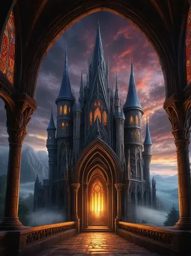 hogwarts,hall of the fallen,shadowgate,fantasy picture,diagon,ravenloft,gothic style,castle of the corvin,haunted cathedral,gondolin,gothic church,gothic,neogothic,fairy tale castle,fantasy art,fantasy landscape,cathedrals,3d fantasy,erebor,neverwinter,Illustration,Abstract Fantasy,Abstract Fantasy 21