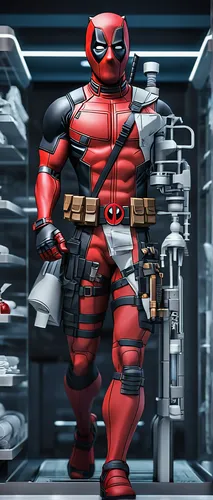 Depict Deadpool as a superhero surgeon, with mask on, operating in a futuristic high-tech medical facility.,dead pool,deadpool,red hood,butcher shop,red super hero,digital compositing,superhero backgr