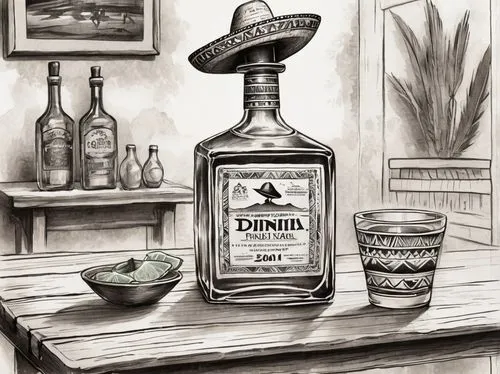 tequila bottle,distilled beverage,a drink,tequila,jack daniels,gimlet,drink,liqueur,absinthe,vintage drawing,hand-drawn illustration,american whiskey,liquor bar,drinks,drinking establishment,have a drink,cointreau,still life,drink icons,our vodka,Illustration,Paper based,Paper Based 30