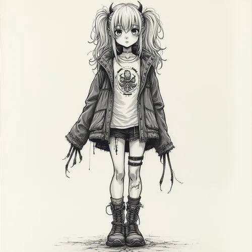 Pencil sketch, cartoon, young girl in the style of Panty and Garter, punk rock, heavy metal magical girl,an image of a girl in a jacket and boots,chibi girl,megatokyo,haibei,royo,puella,lenore,Photogr