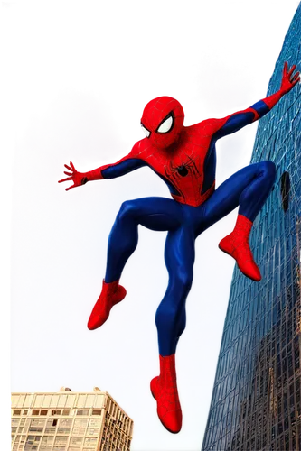 Spider-Man, multiverse, cosmic, spots, red and blue suit, web-slinging, acrobatic pose, dynamic movement, cityscape background, skyscraper, metropolitan, sunny day, warm lighting, cinematic compositio