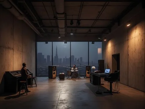 Brutalist music venue, industrial interior, concrete walls, exposed ductwork, steel beams, minimalist lighting, low ceiling, avant-garde atmosphere, sound engineer, mixing console, acoustic panels, sp