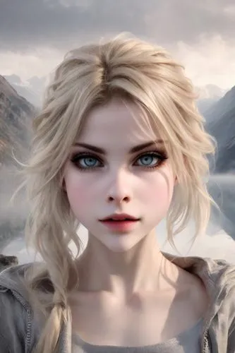 Woman, shockwaves, hazy, reflection, Marvel at the breathtaking vistas of mountain ranges, digital art, digital painting, gloom, blonde hair,,white rose snow queen,eilonwy,cirta,the snow queen,ellinor