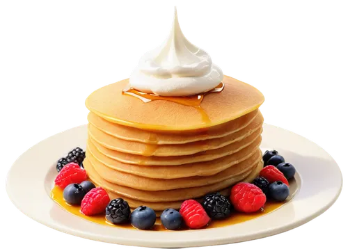 Delicious stack, golden brown pancake, butter melting, sweet syrup dripping, fresh berries scattered, whipped cream on top, ceramic plate, morning sunlight, shallow depth of field, warm color tone, 3/