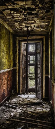 Uncover the secrets locked within the decayed walls of Pennhurst Asylum through a collection of haunting photographs.,abandoned room,disused,urbex,creepy doorway,abandoned places,abandoned place,derel