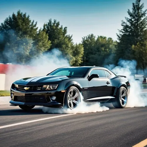 Photo of a black Chevrolet Camaro with two white stripes from back to front, muscular bulges, magnesium wheels, shine, the photo captured in the middle of a curve of the car at high speed, smoke comes