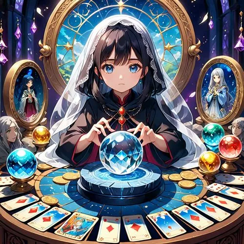 crystal ball,fortune teller,magician,poker primrose,ball fortune tellers,fortune telling,umiuchiwa,magi,vanessa (butterfly),merlin,fairy tale icons,life stage icon,red heart medallion in hand,alibaba,vinci,clockmaker,psychic vampire,magna,game illustration,priestess,Anime,Anime,Traditional