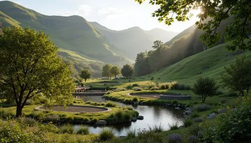 Serene natural scenery, rolling hills, lush greenery, meandering water features, rustic stone walls, wooden bridges, vibrant wildflowers, native trees, gentle breeze, warm sunlight, soft misty atmosph