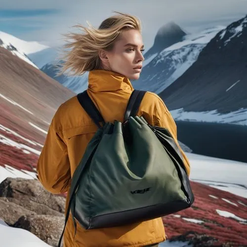 holding nylon bag, mcqueen black nylon bag, black nylon, nlack leather, athletic wear, nike campaign, wilderness north face patagonia campaign, gucci campaign, dynamic posing, landscape in antarctic, 