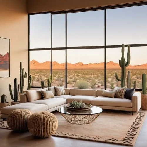 Luxurious desert modern living room, sleek minimalist sofa, geometric patterned rug, glass coffee table, metallic legs, industrial chic lamp, cactus plants, sandy beige walls, floor-to-ceiling windows