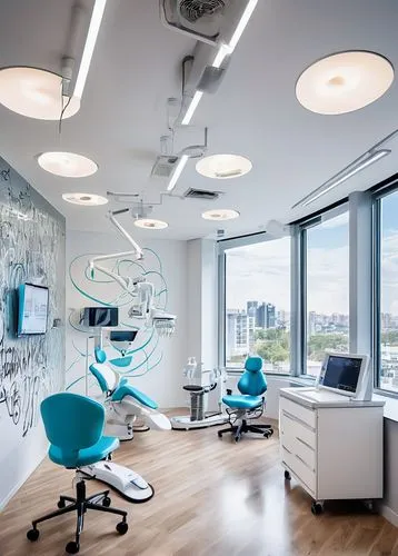 Modern dental clinic, sleek glass facade, steel frames, minimalist interior, spotlights on ceiling, white walls, wooden floors, ergonomic chairs, futuristic dentist equipment, 3D printer, dental lab, 