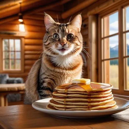 A happy cat with pancakes in a log home ,pancakes,plate of pancakes,pancake,juicy pancakes,flapjacks,american pancakes,hotcakes,ham pancakes,pancake week,small pancakes,blini,pancaked,still life with 