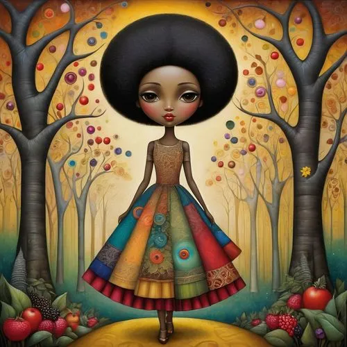 girl with tree,oshun,african art,girl picking apples,persephone,afro american girls,sarafina,african woman,linden blossom,afrocentric,amerykah,apple tree,painter doll,girl in flowers,africana,funmi,rosa 'the fairy,afro american,appletree,african american woman,Illustration,Realistic Fantasy,Realistic Fantasy 21