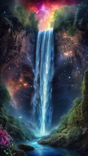 waterfall,fantasy picture,water fall,wasserfall,the universe,fantasy landscape,universe,rainbow bridge,waterfalls,scene cosmic,rainbow background,flow of time,rainbow and stars,cascading,fairy world,unicorn background,fantasy art,fairy galaxy,water falls,brown waterfall,Illustration,Realistic Fantasy,Realistic Fantasy 02