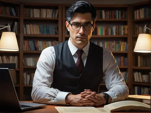 CISSP Security Architecture and Design Quiz, male character, 30s, mature, serious facial expression, short black hair, glasses, black suit, white shirt, tie, sitting at a desk, laptop open, multiple s