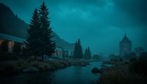 The Role of Dark Cyan\,a dark river with trees and buildings in the background,riva del garda,stellenbosch,montreaux,franschhoek,trebinje,kodaikanal,brujas,kallur,xochimilco,tlaquepaque,transylvania,h