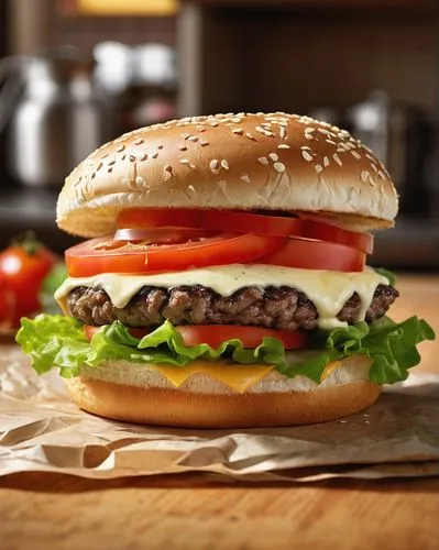 Whopper sandwich, fast food, juicy beef patty, melted American cheese, crispy lettuce, fresh tomatoes, creamy mayonnaise, toasted sesame seed bun, red packaging, burger holder, kitchen counter, mornin