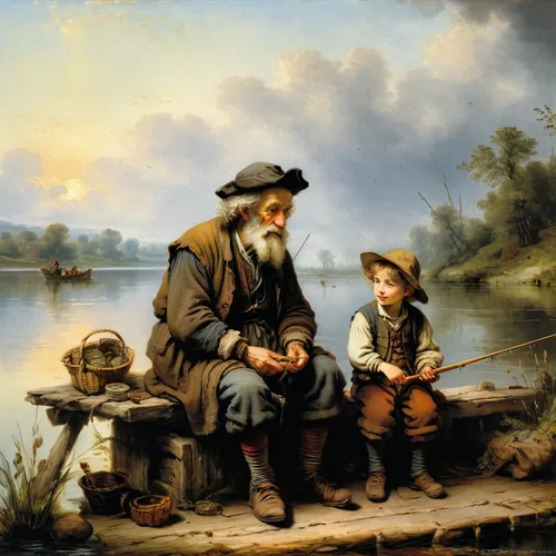 father with child,fishing classes,fishermen,casting (fishing),fisherman,fishing,fisher,big-game fishing,people fishing,man and boy,hunting scene,thames trader,fathers and sons,version john the fisherman,fishing equipment,boy and dog,shoemaker,young couple,abraham,types of fishing,Art,Classical Oil Painting,Classical Oil Painting 24