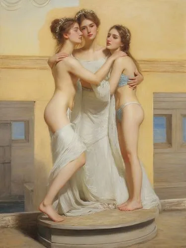 the three graces,maidens,rhinemaidens,bouguereau,bathers,bonnat,Art,Classical Oil Painting,Classical Oil Painting 13