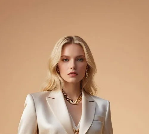 beautiful blonde girl,a woman standing in front of a wall wearing a white suit and gold necklace,maxmara,gold jewelry,anntaylor,alexandersson,menswear for women,escada,Conceptual Art,Fantasy,Fantasy 2