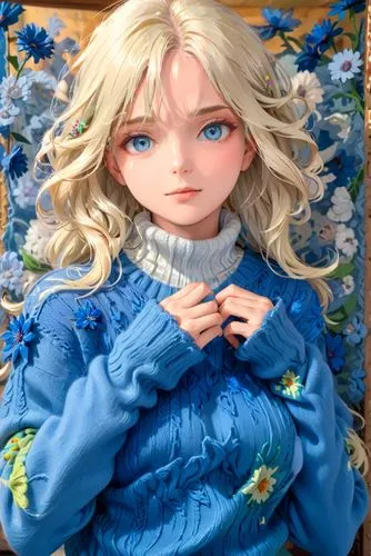 Elisabeth hassellbeck, cornflower colored knitted sweater, bedroom, perfect hands, bleach bleach blond hair,this is a close - up of a blonde anime character,elsa,winterblueher,female doll,vidalia,darj