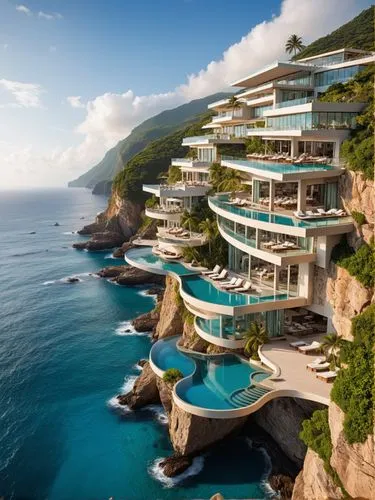 A commercial resort built into the side of a cliff overlooking the ocean, where glass bridges connect various sections of the complex. The design features sleek, modern buildings with infinity pools t