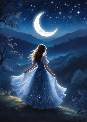 moonbeams,nightdress,dreamtime,moonlit night,moonbeam,blue moon rose,moonchild,moonlighted,dreamscapes,the girl in nightie,moonlight,moonlit,blue moon,fantasy picture,moon and star background,moonshadow,moon night,the night of kupala,moonshining,nightgown,Conceptual Art,Oil color,Oil Color 10