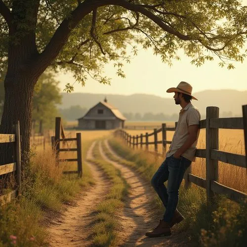 Rural setting, khaki color theme, natural scenery, vast open fields, rolling hills, wooden fences, trees with lush green leaves, a worn dirt path, rustic metal gate, old wooden barn in the distance, w