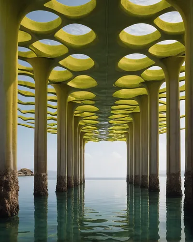 miniature, realistic underwater, structure perfect, minimalist pier biomimicry, Zaha Hadid, organic marine biomimicry, pier marine research, marine corals, research laboratory, symmetric yellow, archi