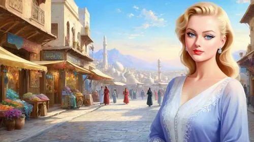 Romantic masterpiece oil painting, beautiful girl portrait, abaya dress, nostalgic 1950's style kitsch, breathtaking beautiful epic vast landscape, majestic scenery, Persian Middle Eastern street baza