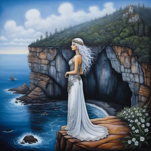 a painting of a woman standing on a cliff overlooking the ocean,mermaid background,fantasy picture,amphitrite,fantasy art,sirene,bridalveil,Illustration,Abstract Fantasy,Abstract Fantasy 14