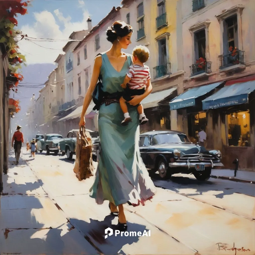 a loose and blurred painting of a vintage woman, walking down the street with a child sitting on her shoulders,donsky,vintage boy and girl,heatherley,vettriano,martindell,woman shopping,heighton,nestr